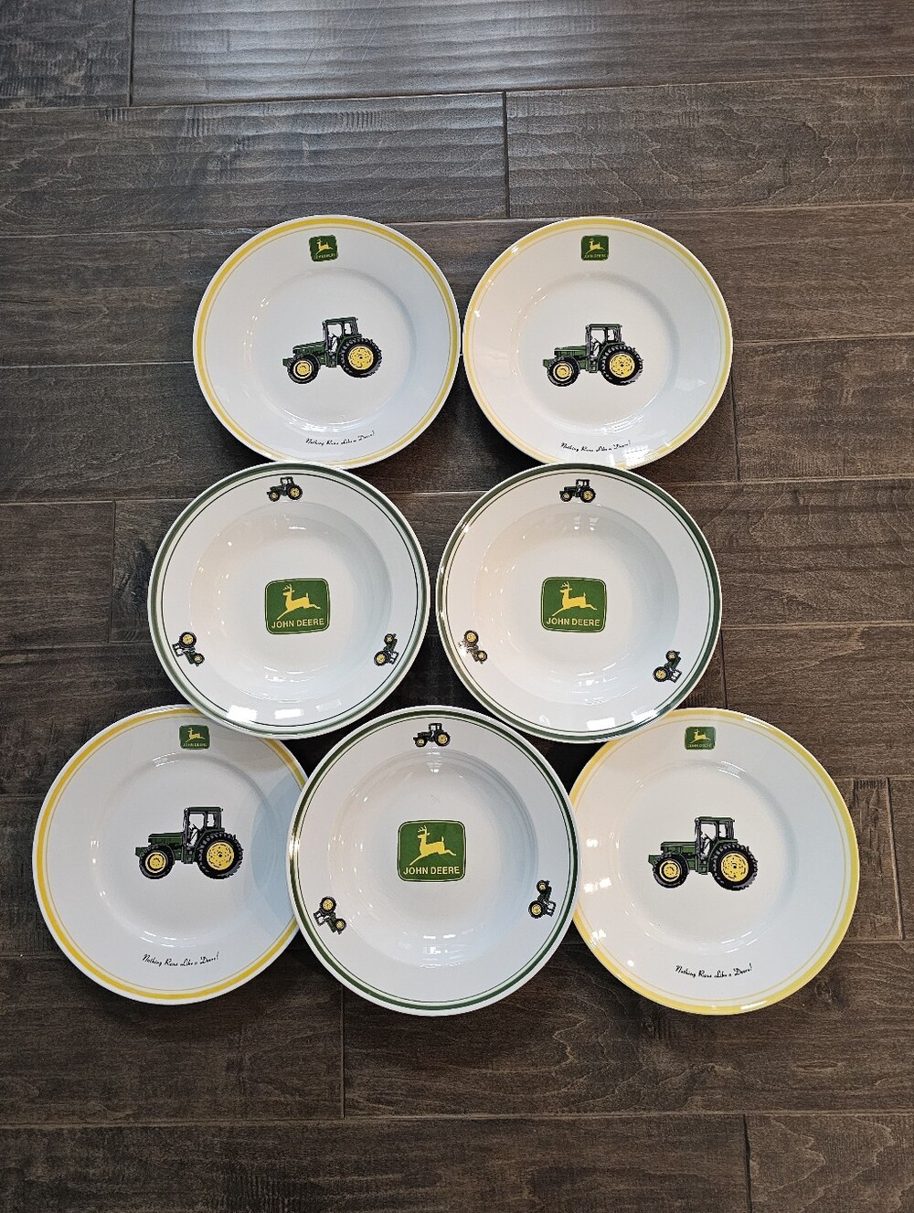 John Deere White Ceramic Bowls & Plates with Green & Yellow Tractor Motif Qty 7
